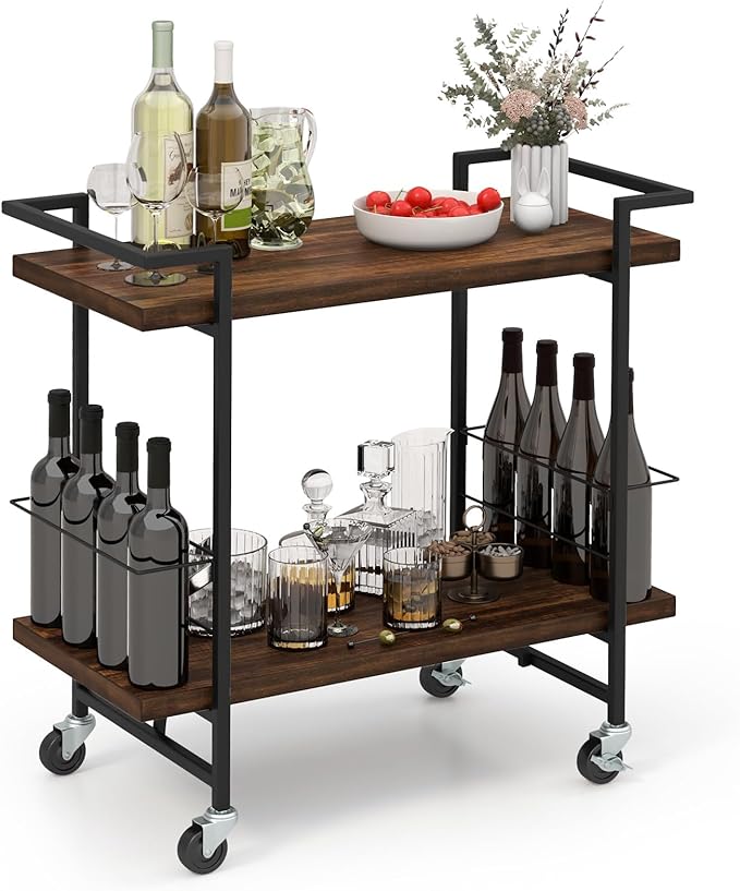 GOFLAME Bar Cart for Home, 2-Tier Kitchen Cart with Lockable Wheels and Anti-Fall Guardrail, Bar Serving Cart with Metal Frame, Rolling Beverage Storage Cart for Dining Room, Living Room