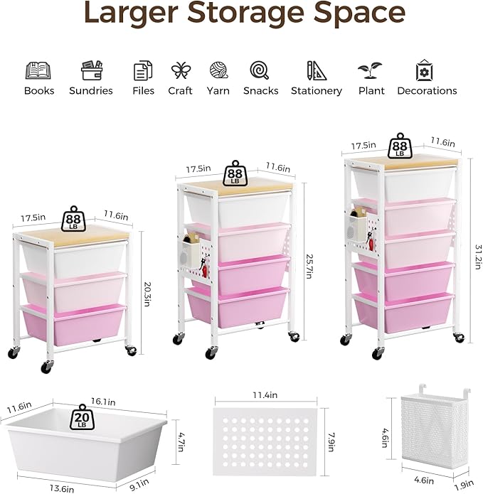 Rolling Cart with 5 Drawers, Plastic Drawer Storage Carts with Wheels & Wooden Tabletop, Metal Utility Cart with Pegboards, Office Living Room Classroom Craft Organization and Storage, Bright Pink