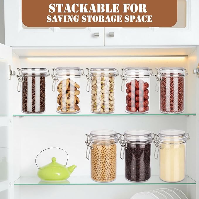 Suclain 6 Pcs 25 Oz/750 ml Plastic Storage Jars with Airtight Hinged Lids, Clear Wide Round Mouth Food Storage Containers Empty Bottles Sealed Jars for Home Kitchen Candy Herbs Spices Coffee Nuts