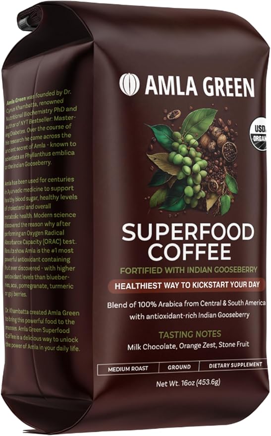 Amla Green Organic Ground Superfood Coffee, Medium Roast Gourmet Coffee with Antioxidant Rich Indian Gooseberry, 100% Arabica Special with Amla Benefits, 16 Oz