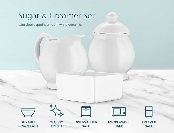 KooK Sugar and Creamer Set, 3 Piece, Pitcher, Sugar Bowl with Lid and Spoon, Sweetener Holder, White (Vintage Design)