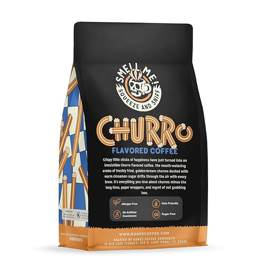 Bones Coffee Company Churro, Sweet Sugary Cinnamon Flavored Coffee, Medium Roast Low Acid Arabica Beans Compatible with Auto drip and French Press Coffee Maker, 12 Oz Ground