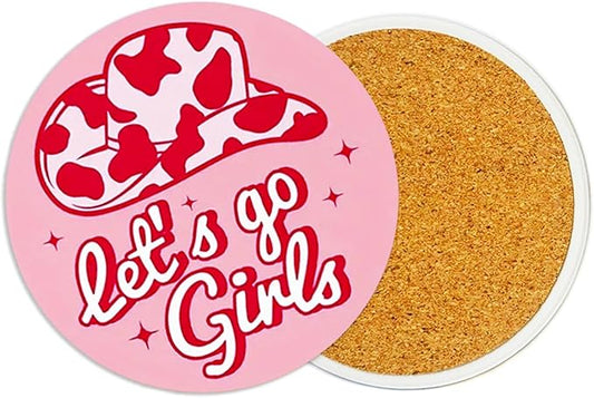 2Pack Cowgirl Ceramic Coasters Absorbent Coasters for Drinks with Cork Base,Cowgirl Coaster for Table Office Desk Decor Coffee Cup Wine Beer Bar Cup Mat 3.9 Inch,Cowgirls Gifts for Women,Men,Dad