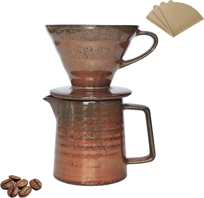 Vintage Ceramic Pour Over Coffee Maker with V60-Style Dripper and 40 Paper Filters (Red)