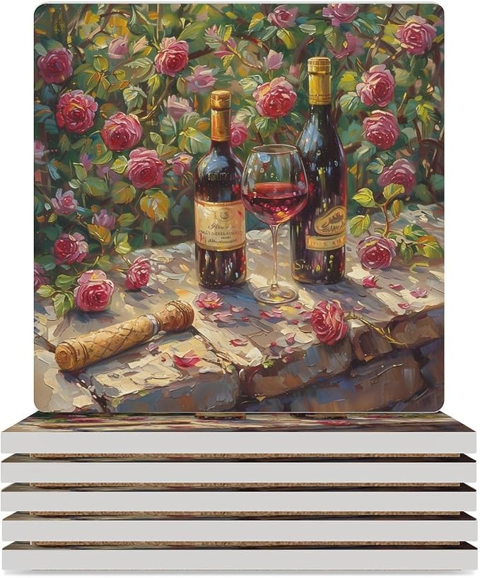 Square-6PCS Red Wine Ceramic Coasters, Square Absorbent Drink Coasters, Oil Painting Style Red Wine Floral Rose Flower Pattern Ceramic Table Coasters for Coffee, Beverage, Wine, Beer Coasters