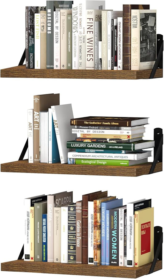 upsimples Floating Book Shelves for Wall, 15.7 Inches Wood Shelves for Living Room, Bathroom, Bedroom, Kitchen Storage and Decoration, Brown