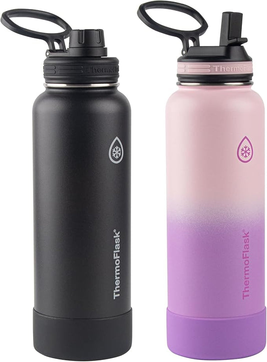 ThermoFlask Stainless Steel Water Bottles 2-Pack - Double-Wall Vacuum Insulated 40 oz BPA-Free Spout Lids - Keeps Drinks Cold 24 Hrs, Hot 12 Hrs - Leakproof, Dishwasher Safe, Black/Rose Purple
