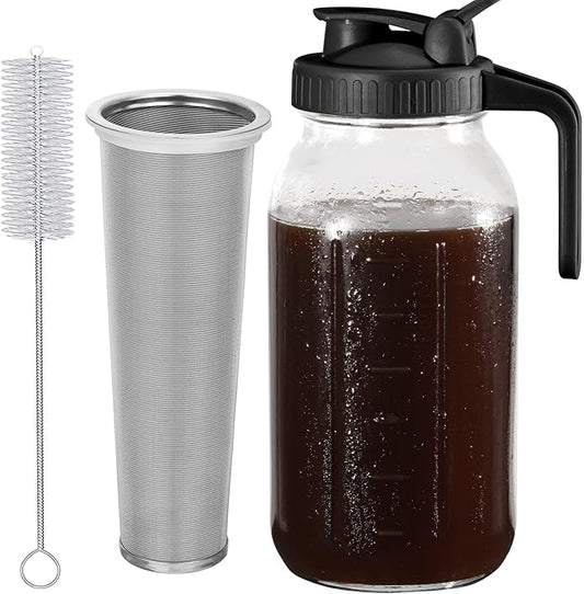 Cold Brew Coffee Maker Pitcher, Black 64 Oz Heavy Duty Wide Mouth Glass Mason Jar pour spout Lid with Stainless Steel Filter for Iced Coffee, Ice Drinks