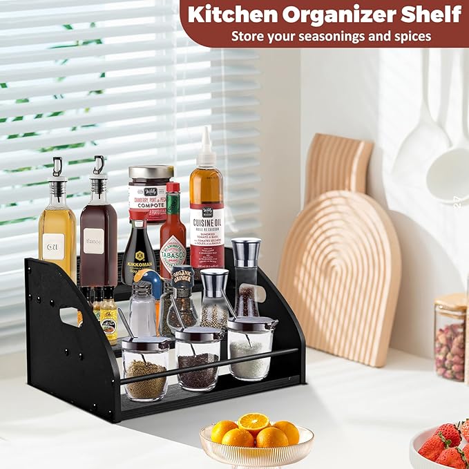 STAEVER Premium Metal Design - Strong Liquor Bottle Display Shelf, 3 Steps Extra Large Rustic Mini Bar, Countertop Coffee Syrup Organizer with Handles, Ideal Gift for Dad & Liquor Enthusiasts