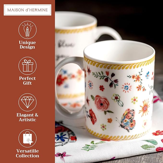 Maison d' Hermine Coffee Mug with Handles Fine Bone China Mugs Pack of Two Tea Cups for Hot Beverages Cappuccino Latte Home Restaurant Office Perfect for Gift (Happy Florals - Sweety, 12 Ounce)