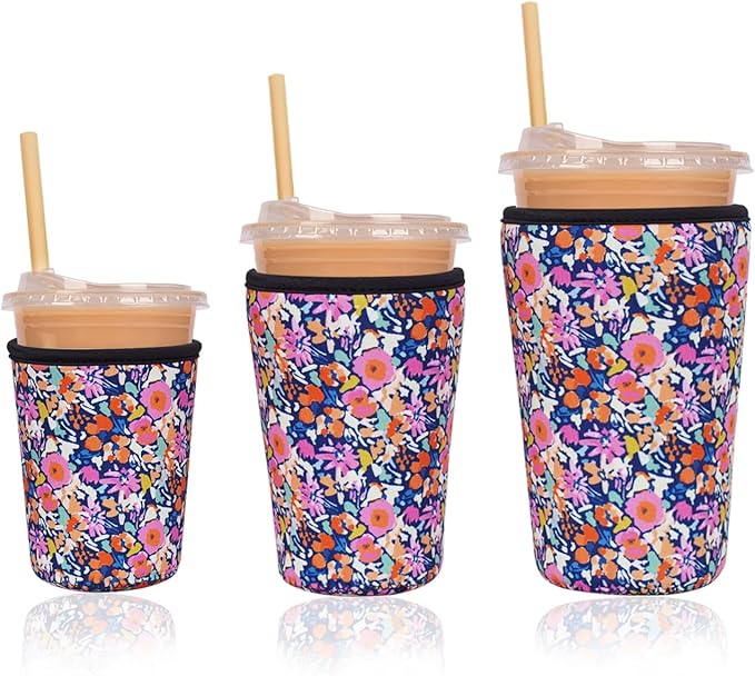 Reusable Insulated Neoprene Iced Coffee Cup Sleeve, Durable Drink Sleeve for Cold Beverages, Beverage Holder for Iced Coffee, Bloom Frenzy