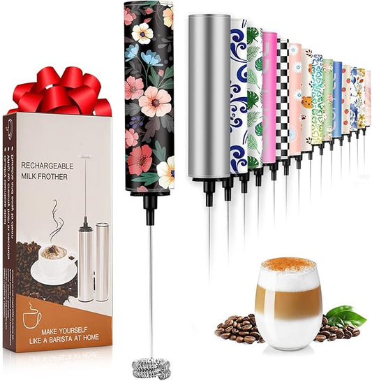 Milk Frother Handheld Rechargeable - 2-Speed Electric Whisk with 5 Detachable Heads (Frother/Mixer/Whisk) for Coffee, Latte, Cappuccino & Matcha, Drink Mixer (Flower 2)