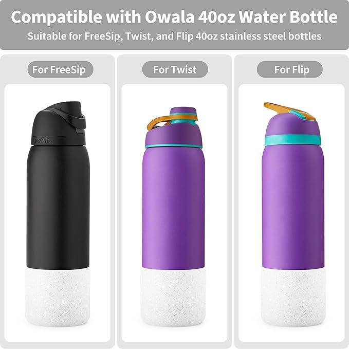 Silicone Water Bottle Boot for Owala 40 oz, Anti-Slip Protective Sleeve for Owala Twist & FreeSip & Flip Stainless Steel Water Bottle, Boot Bottom Base (Glitter White)