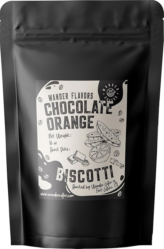 Chocolate Orange Biscotti Flavored Coffee by Wander Coffee – Medium Roast, Whole Bean, Ground, or Decaf | Citrus-Infused Cocoa Blend | Small-Batch Roasted Specialty Coffee | 1lb Bag – Rich & Aromatic