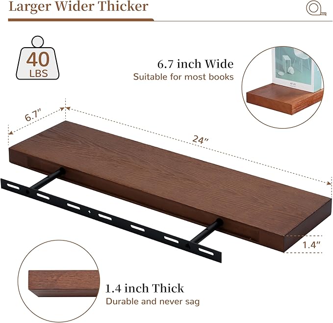 Marsmiles Wood Floating Shelves | 24 Inch Mahogany Wall Shelves Set of 2 | 24" W x 6.7" D Rustic Wooden Shelves for Bathroom Kitchen Living Room Bedroom