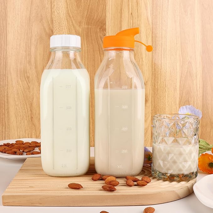 32 Oz Glass Milk Bottles, 2 Pack Scale Mark Drinking Jug with 2 Nut Milk Bags& Airtight Screw Lid & Silicone Pour Cap& Stickers, 1 Quart Reusable Juice Bottle Water Pitcher for Coffee Yogurt