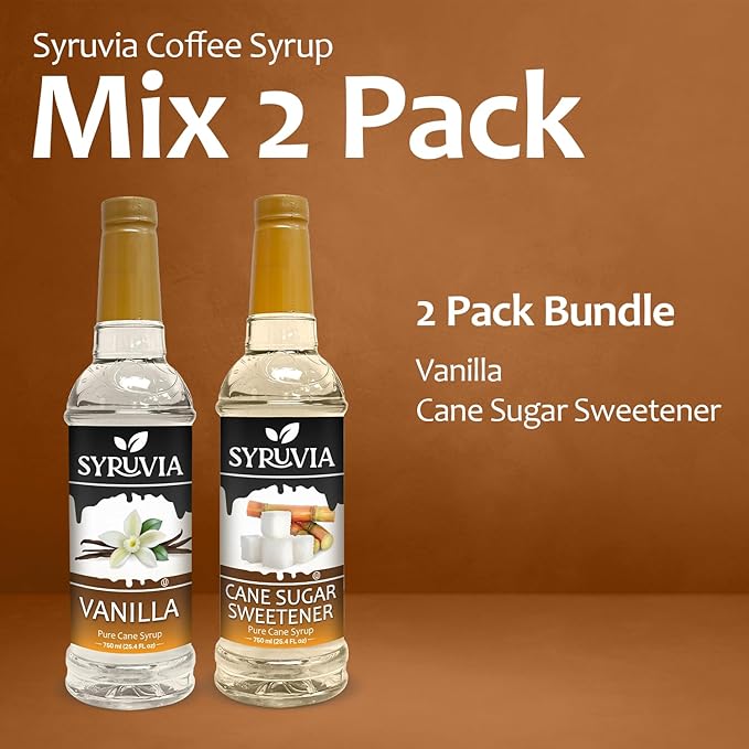 Syruvia Coffee Syrup Variety Pack - Vanilla & Cane Sugar Sweetener- Gluten-Free, Kosher, 25.4 fl oz Bottles - Enhance Your Coffee Experience with Premium Flavoring Syrups