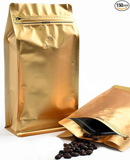 12mil Stand Up Coffee Bags, Flat Bottom Pouch with one-way Air Release Valve and Reusable Side Zipper(Gold, 150PCS-Large-2.2lb/32oz/1kg)