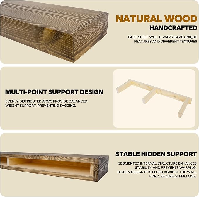 Floating Shelves 24 inch for Wall Set of 2,3 inch Thick Pine Wood Wall Mount Shelf for Kitchen Living Room Bedroom Bathroom,8" D x 24" L x 3" H-Dark Walnut