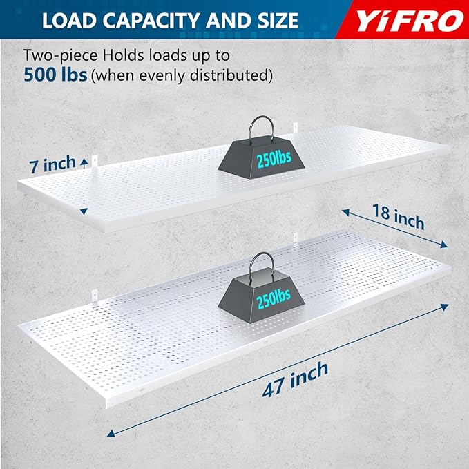 2-Pack 1.5x4ft Heavy Duty Garage Wall Shelving, 500 lbs Load Capacity, Garage Shelving Wall Mounted, Storage Rack with Hooks, White