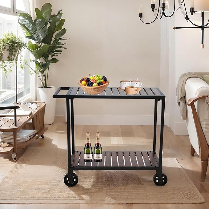 Vintage Mobile Serving Cart on Wheels Industrial 2-Tier Rolling Bar Cart for Home Kitchen Farmhouse Utility Cart for Office Wood and Metal Design with Side Handle 31.7inch Height