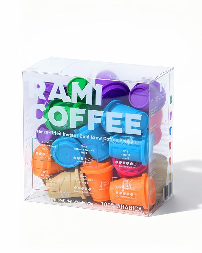 Rami Coffee Cold Brew Freeze Dried Instant Coffee Powder, Various Roast 100% Arabica, 24 Portable Flavors Taster Single Packets for Home Travel Backpacking Camping