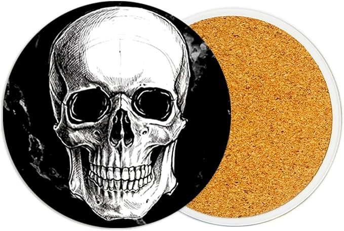 2Pack Skull Ceramic Coasters Absorbent Coasters for Drinks with Cork Base,Skeleton Coaster for Table Office Desk Decor Coffee Cup Wine Beer Bar Cup Mat 3.9 Inch, Skull Gifts for Women, Men, Dad