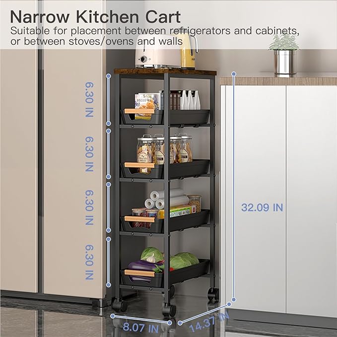 5 Tier Slim Rolling Storage Cart with Wood Top, Narrow Laundry Room Organizer for Tight Gaps, Metal Bathroom Gap Filler, Kitchen Pantry Trolley, Small Spaces (Black)