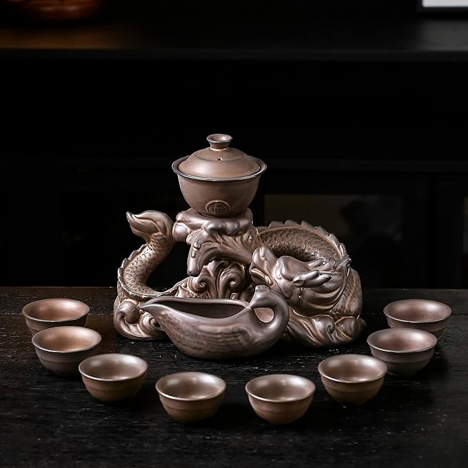 Semi Automatic Tea Set Ceramic Teapot with Infuser Magic Teapot with 8 cups (Antique Brass Dragon- D)