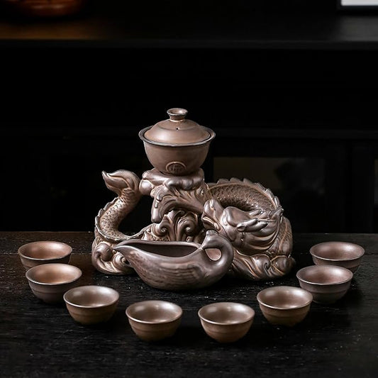 Semi Automatic Tea Set Ceramic Teapot with Infuser Magic Teapot with 8 cups (Antique Brass Dragon- D)