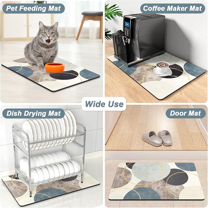 Rnivvi Coffee Mat, 16" x 24" Cute Boho Theme Coffee Bar Mats for Espresso Machine Station Accessories and Organizer, Hide Stain Rubber Backed Absorbent Dish Drying Pad for Kitchen Counter, Circle