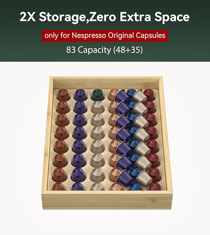 for Nespresso Original Capsules - Bamboo Coffee Pod Storgae for Counter Drawer Insert - 48 Capsules Organizer (14.3” x 11” x 1.57”)