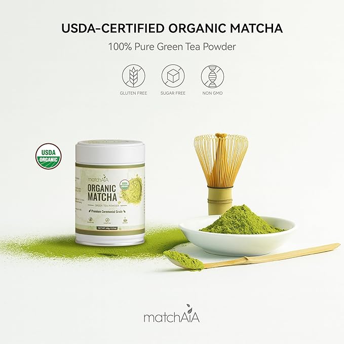 MatchAiA Organic Ceremonial Matcha Green Tea Powder - Premium Ceremonial Grade, First Spring Harvest, USDA Certified, 100% Pure - Sugar Free, Gluten Free (60g / 2.1oz Tin)