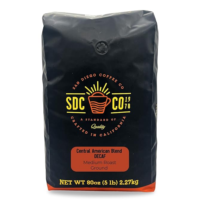 San Diego Coffee DECAF Central American Blend, Medium Roast, Ground Coffee, 5-Pound Bag Café descafeinado molido tostado