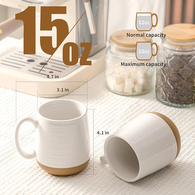 HASENSE Coffee Mugs Set of 4, 15 oz Ceramic Coffee Cups with Comfortable Handle, Large Tea Cups for Coffee, Soup, Latte, Mug Set Gift for Wedding, Microwave and Dishwasher Safe, White