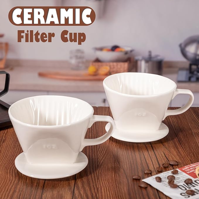Pour Over Coffee Dripper, Ceramic Pour Over Coffee Maker with 3 Holes Flat Bottom, Easy Manual Brew Maker, Porcelain Slow Filter Cone for Travel, Camping, Office, Home, White