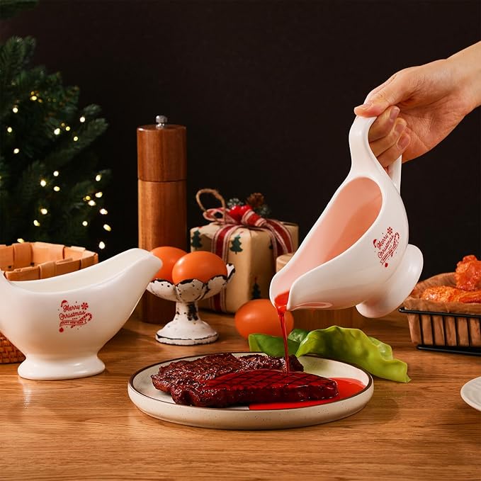 Bokon 2 Pack Christmas White Gravy Boat 8 oz Sauce Boat White Ceramic Sauce Jug with Smooth Handle Creamer Pitcher for Salad Dressing Milk Broth Microwave Dishwasher Safe for Festive Gatherings