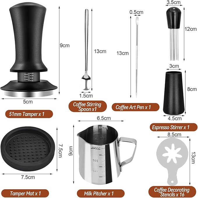 Yeelan 22 PCS Espresso Accessories, 51mm Coffee Espresso Tamper Set, with Espresso Tamper, WDT Tool, Coffee Stirrer, Frothing Pitcher, Latte Art Pen, Tamper Mat, Coffee Stencils for Espresso Machine