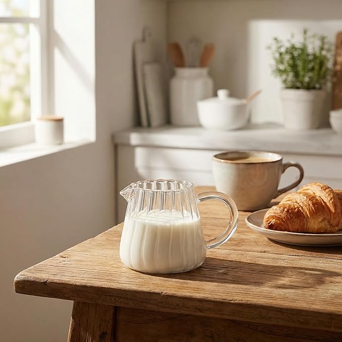 5 oz Clear Glass Pitcher for Milk and Creamer, Mini Beverage Jug with Handle and Pour Spout, Small Serving Container for Coffee, Syrup, Juice and Daily Kitchen Use