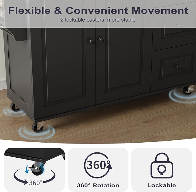 Mobile Kitchen Island with Drop Leaf, Rolling Kitchen Cart with 3 Drawers, Kitchen Storage Cabinet on Wheels, Island Table with Towel and Spice Rack for Dining Room, Living Room, Black