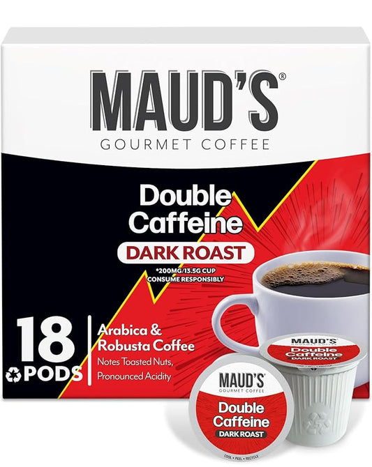 Maud's Double Caffeine Coffee Pods, 18 ct, Dark Roast Coffee in Single Serve Pods – 100% Arabica Coffee, Compatible with Keurig K Cups Maker