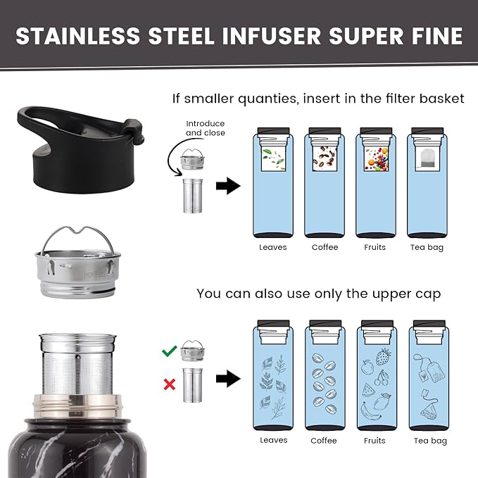 Lexlion Tea Infuser Water Bottle 22 Oz – Triple Wall Insulated Stainless Steel, Loose Leaf & Fruit Strainer, 3 Leakproof Lids, BPA-Free Silicone Sleeve, Reusable Thermal Mug