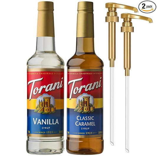 Torani Syrups, Classic Caramel and Vanilla Syrup Variety 2-Pack, Coffee Syrups for Drinks, Pumps Included, 25.4 Fl Oz Ea