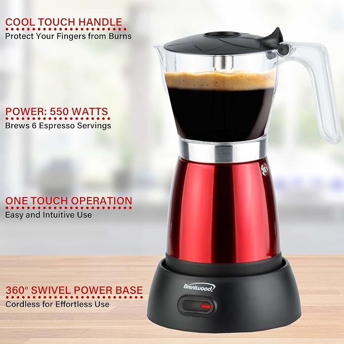 Brentwood TS-119R 550-Watt Cordless Electric Moka Pot Espresso Machine, 6-Servings (Red)