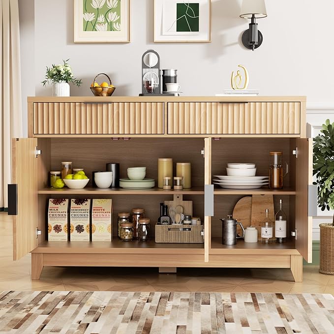 Vabches Modern Sideboard Buffet Cabinet with Storage, Long Credenza Storage Cabinet with Drawer, Fluted Doors & Adjustable Shelf, Wood Buffet Table for Living Room, Kitchen Dining Room, Entryway, Oak