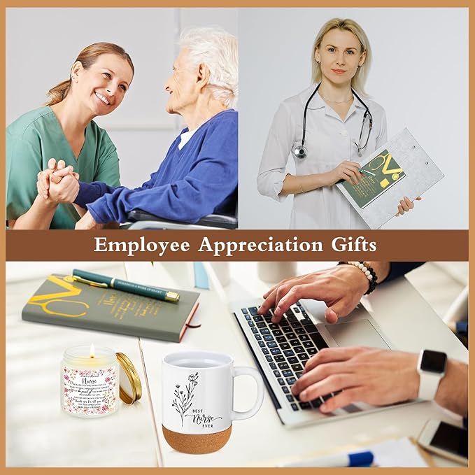 4 Pcs Nurse Gifts Set Nurse Week Appreciation Gifts Notebook Coffee Mug Scented Candle Ballpoint Pen for Coworker Employee Medical Assistant Women Men