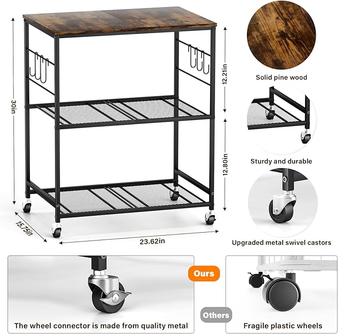 Abiglifty 3-Tier Rolling Kitchen Cart, Microwave Cart with Lockable Wheels, Kitchen Utility Cart, Mobile Microwave Stand with Storage for Living Room, Office, Balcony, Bathroom, Black