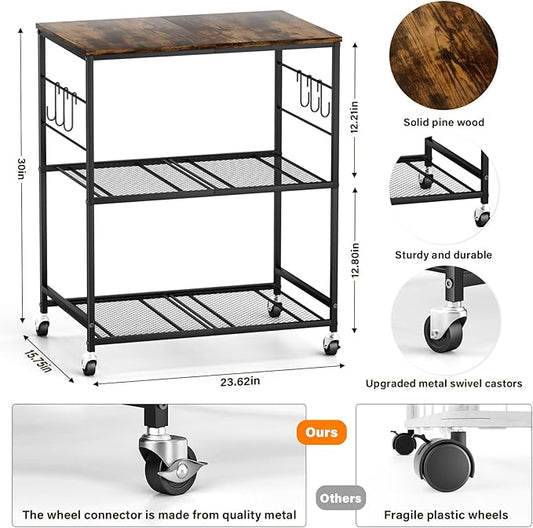 Abiglifty 3-Tier Rolling Kitchen Cart, Microwave Cart with Lockable Wheels, Kitchen Utility Cart, Mobile Microwave Stand with Storage for Living Room, Office, Balcony, Bathroom, Black
