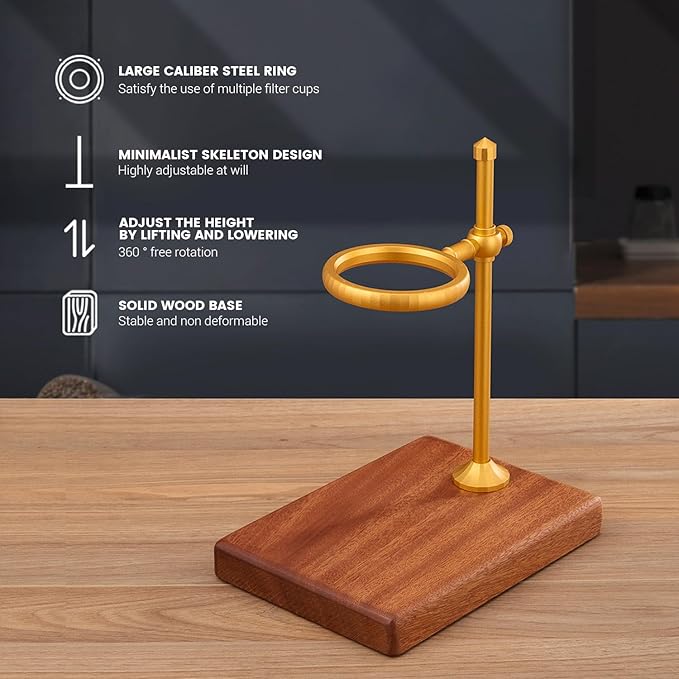 LAMLENT Pour Over Coffee Stand, Height Adjustable Pour over Coffee Maker with Sapele Wooden Base, Paper Filters, Bronze