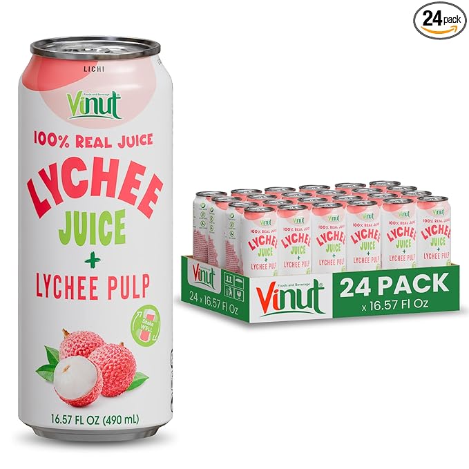VINUT 100% Natural Lychee Juice Drink with Pulp, Real Lychee Juice, Gluten Free, GMO-Free, 16.57 fl oz, Pack of 24